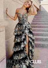 Hedda | Long Black and Gold Sequin Prom Dress A Line Off the Shoulder with Slit - Black - PromDressClub